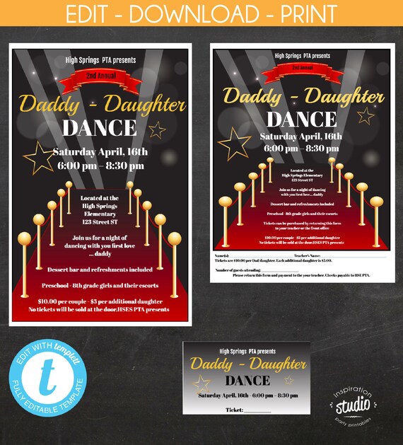Hollywood, Red Carpet Dance, Daddy Daughter Dance, Father and Daughter, PTA, PTO, school flyer, tickets, poster, Edit yourself, Template Il_570xn
