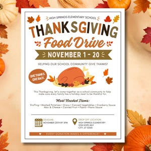 Editable Thanksgiving Food Drive Flyer and Poster | Food Donation For School, Church, Community (Canva Template)