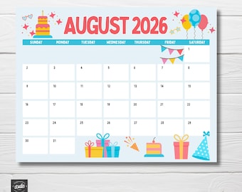 Calendario modificabile di agosto 2026 / Modello Canva a tema festa di compleanno / Agenda mensile stampabile / Download immediato