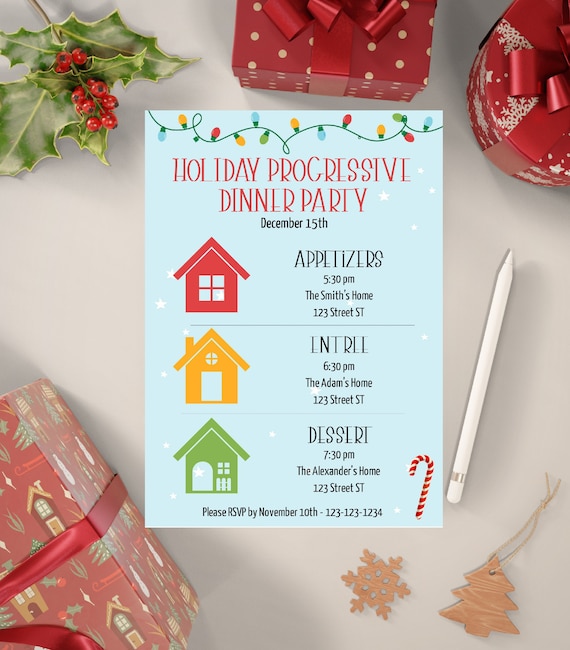 Holiday Progressive Dinner Party Invite, Christmas Potluck, Easy to use
