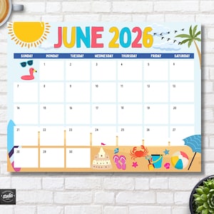 May include: A colorful June 2026 calendar with a beach theme. The calendar features a bright yellow sun, a flamingo wearing sunglasses, and beach-themed illustrations. The calendar includes the days of the week and dates.