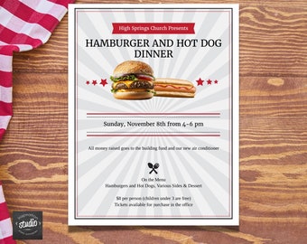 Hamburger and Hot Dog Dinner Fundraiser Flyer | Barbecue Dinner Fundraiser | Cookout Flyer | PTA, PTO, School, Church | Easy to use template