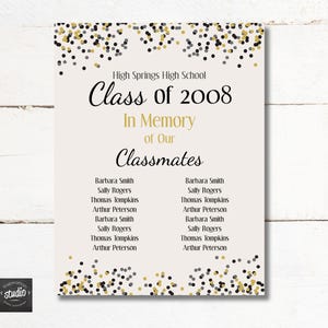 May include: A memorial print for the High Springs High School Class of 2008. The design features the text "Class of 2008" and "In Memory of Our Classmates" in black and gold. The names of the classmates are listed below.