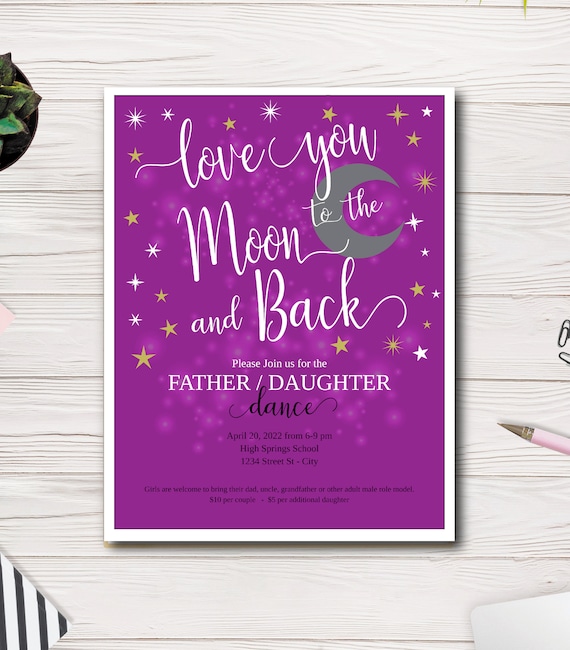 Love you to the Moon and Back Dance Father Daughter Dance Template, Purple, Daddy Daughter Dance, Mother Son Dance, Flyer, Edit yourself Il_570xn