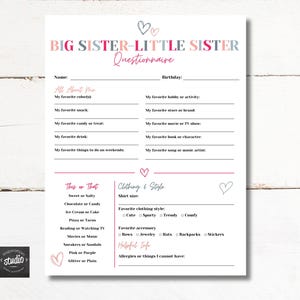 Puede incluir: Un cuestionario blanco titulado "BIG SISTER-LITTLE SISTER Questionnaire" con texto rosa y azul. Incluye secciones para detalles personales, preferencias y estilo, con ilustraciones en forma de corazón. El logotipo "inspiration studio" está en la esquina inferior izquierda.