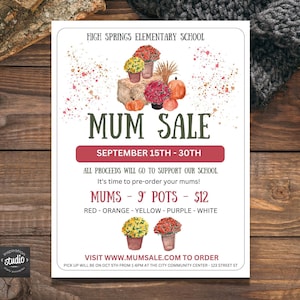 Fall Mum Sale Fundraiser Flyer Template, School Fundraiser Flyer, PTA, PTO, School, Church, Chrysanthemum Flyer, Easy to edit in Canva