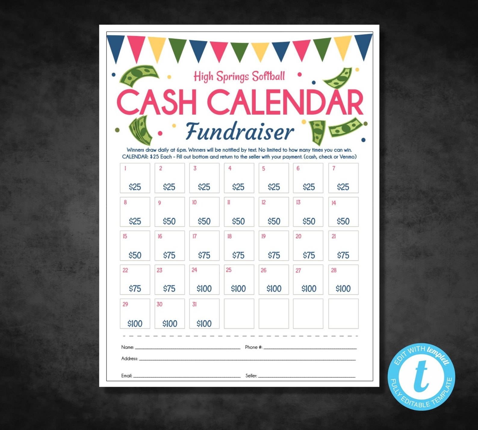 Cash Calendar Fundraiser Flyer Template, Take Home Fundraising Event ...