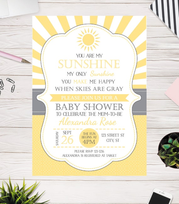 You are my Sunshine My Only Sunshine Custom Printable Baby Shower Invitation, Easy to Use Template, Edit yourself, Gray and Yellow Il_570xn
