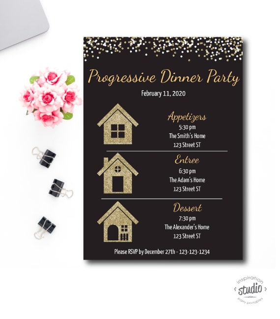 Progressive Dinner Party Invite Template, Neighborhood Dinner Party, Potluck dinner, Hors d'oeuvres Party, Easy to use Template Il_570xn