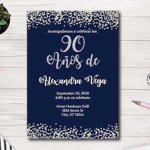 90 Anos de, Convite de Cumpleaños, Espanhol, Español, Convite de festa de cumpleaños número 90, Modelo fácil de usar, 90 Aniversário