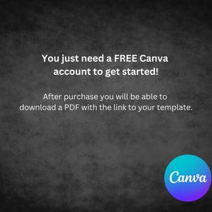 May include: Text on a dark gray background that reads "You just need a FREE Canva account to get started! After purchase you will be able to download a PDF with the link to your template." A blue, purple, and teal circle with the word "Canva" in white text is in the lower right corner.