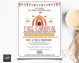 May include: A poster advertising the 10th Annual Fall Carnival at High Springs Elementary School. The design includes a circus tent illustration and text promoting the event, which takes place on October 20th. The poster is in English.