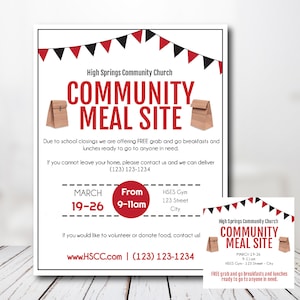 Community Meal Site Flyer and social media graphic, Free food pick up, Grab and Go meals, PTA, PTO, School, Church, Easy to use template