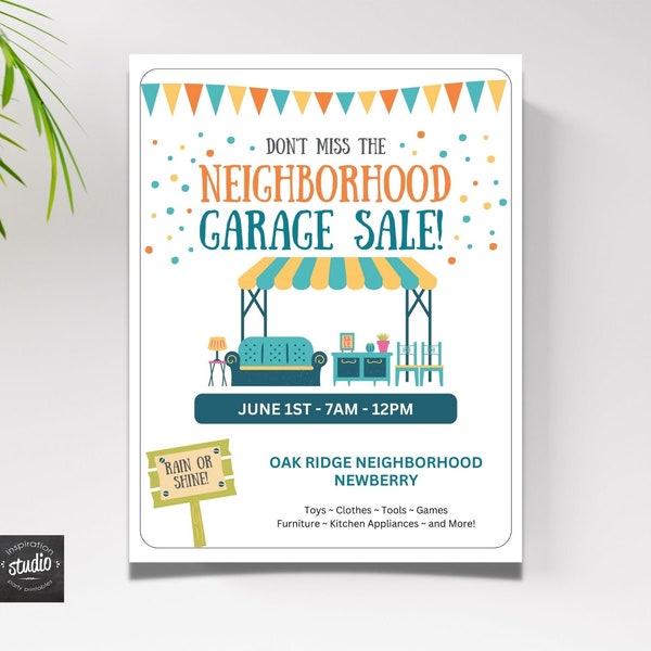 Neighborhood Garage Sale Flyer Template, Yard Sale Flyer, Neighborhood Yard Sale, Fundraiser, Easy to use Template, Canva Template