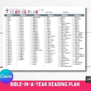 May include: A white Bible reading plan with a six-month schedule. The plan is divided into monthly sections, each listing Bible chapters to read. The title "BIBLE-IN-A-YEAR READING PLAN" is at the bottom. The Canva and studio logos are also visible.