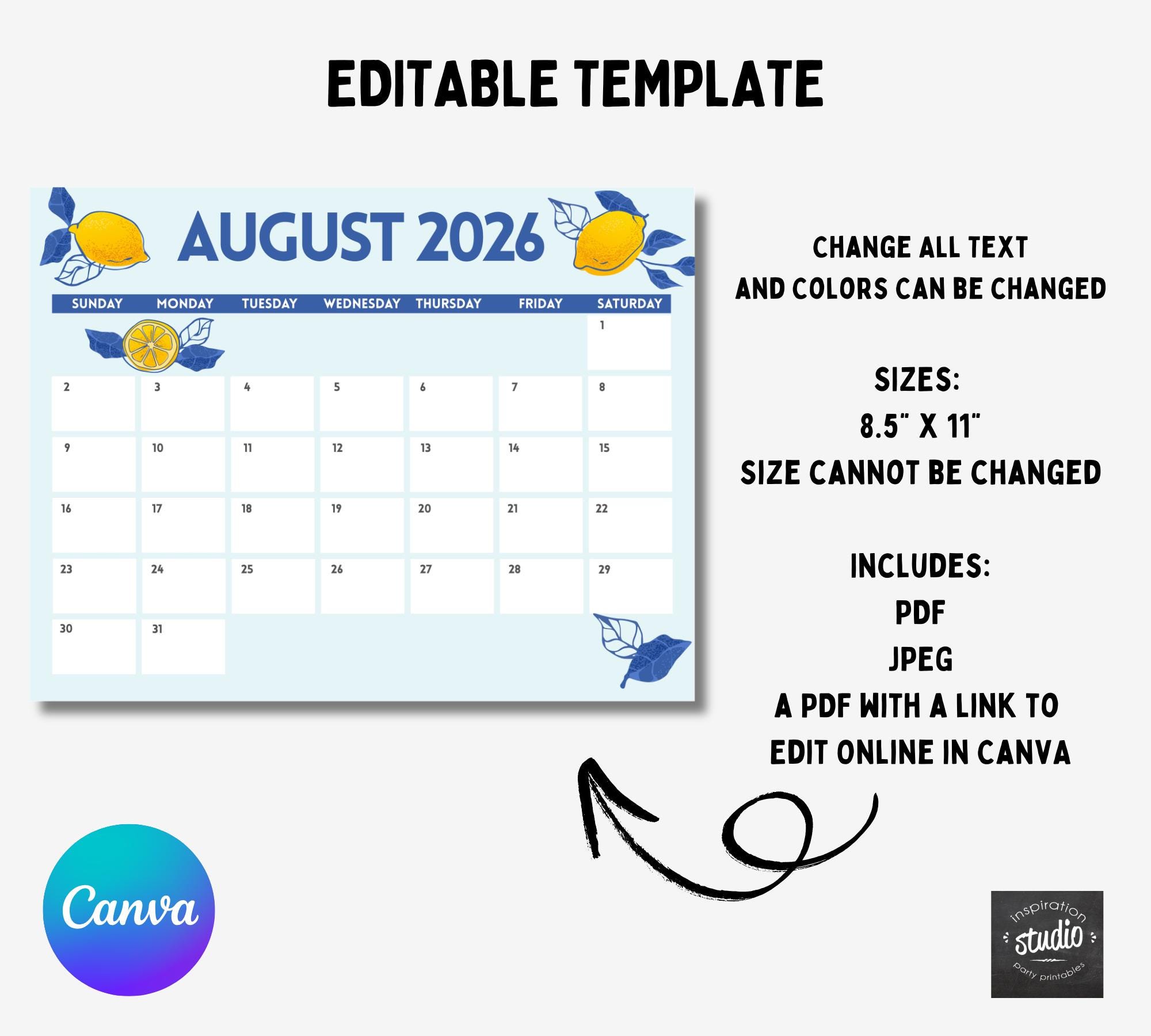 August 2026 Calendar | Editable Canva Template Lemon Fresh ...