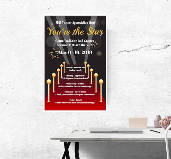 Hollywood Red Carpet Teacher Appreciation Week Poster and Flyer Template, PTA, PTO, School Event, Easy to Use Template, Edit yourself Il_570xn