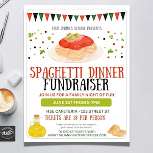 Spaghetti Dinner Fundraiser Flyer Vorlage | perfekt für PTA, PTO, Schule, Kirche Benefizveranstaltungen | Einfach zu bedienen | Italienische Nacht Motive