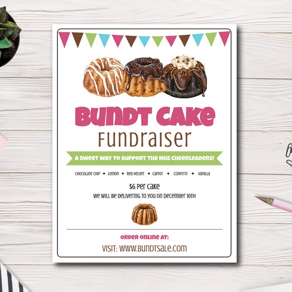 Bundt Cake Sale Fundraiser Flyer Template | School Bake Sale Fundraiser | PTA, PTO, School, Church | Cake Fundraiser | Easy to use template