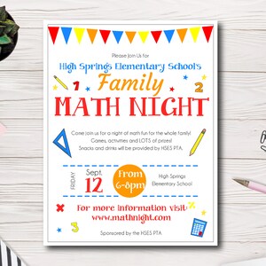 Family Math Night Event Flyer Template, School Math Night Flyer Template, PTA, PTO, School Event Flyer, Easy to use template, edit yourself
