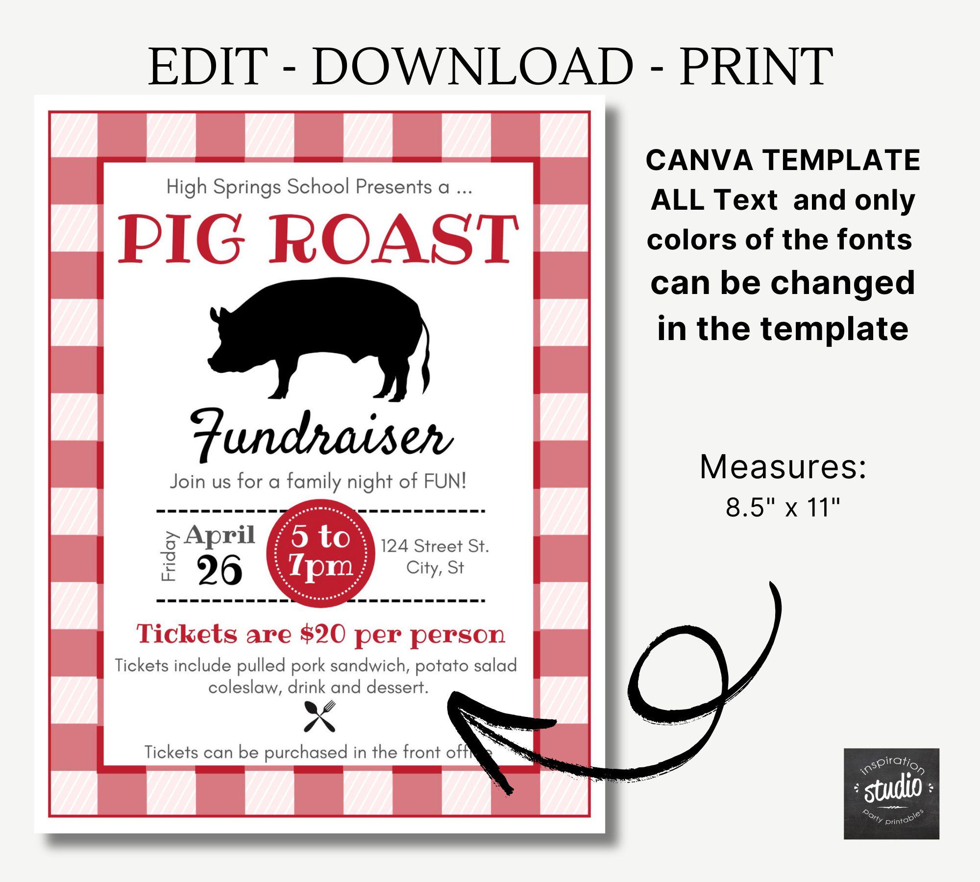 Pig Roast Fundraiser Flyer | Editable Canva Template for School and ...