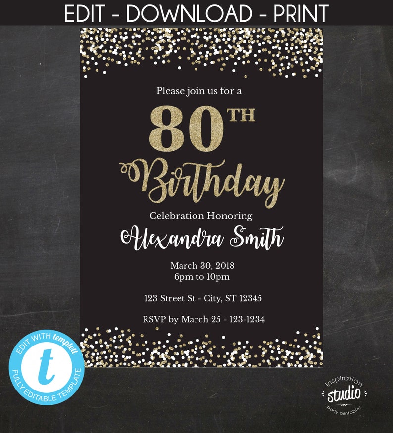 80th Birthday Invitation Template, Adult Birthday Party Invitation, Easy to use template image 5