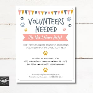 May include: A pink and blue sign with paw prints and a banner that reads "Volunteers Needed" and "We Need Your Help!"  High Springs Animal Rescue is recruiting volunteers for the 2025/2026 year.  The sign lists volunteer opportunities such as office help, photocopies, animal helpers, adoption events, fall festival, walkers, office runners, and more.  The sign includes contact information for the animal rescue.