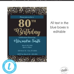 80th Birthday Invitation Template, Adult Birthday Party Invitation, Easy to use template image 2