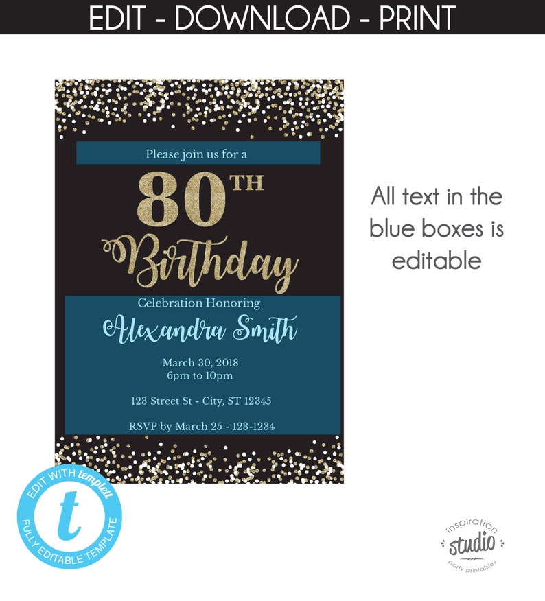 80th Birthday Invitation Template, Adult Birthday Party Invitation, Easy to use template image 2