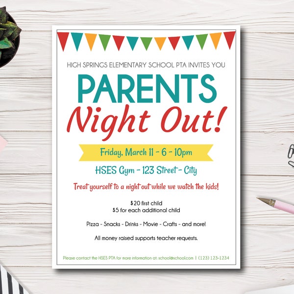 Parents Night Event Flyer Template, Babysitting Flyer Template, School Event Flyer, Easy to use template, edit yourself, PTA, PTSA, PTO