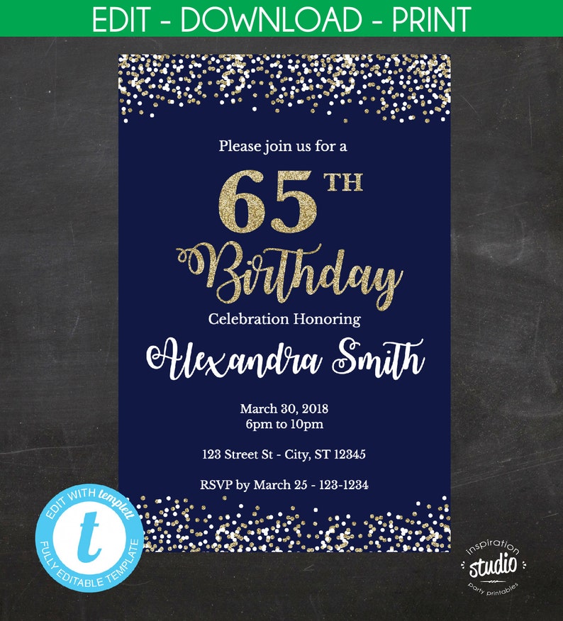 65th Birthday Invitation Template, 65th Birthday Invite, Blue and gold glitter, Instant Template, 5" x 7", 4" x 6", Easy to use template