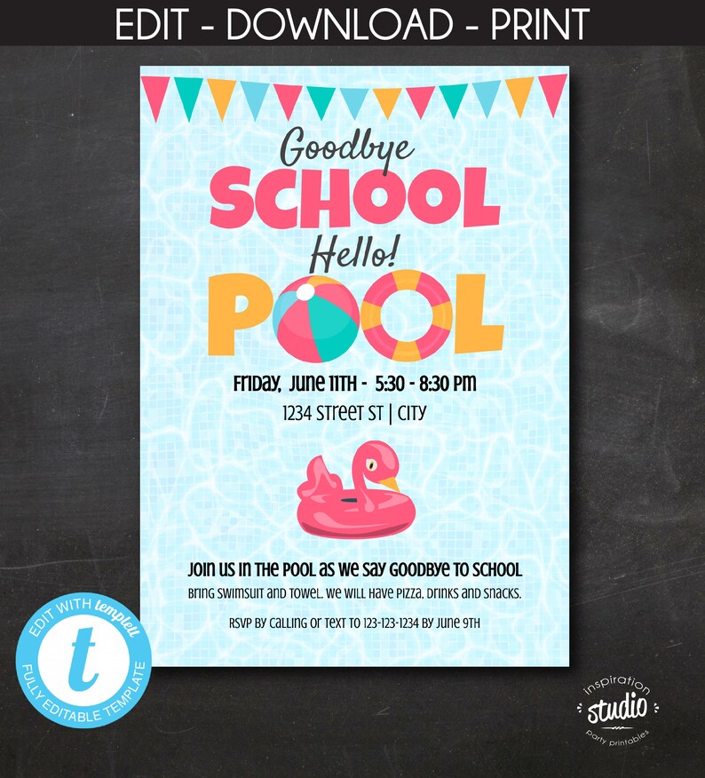 Goodbye School, Hello Pool Party Invite Template, End of the School Year Party Invite, Pool Party, Easy to Use Template