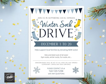 Winter Sock Drive Flyer Template, Charity Event, PTA, PTO, School, Church Event Flyer, easy to use template