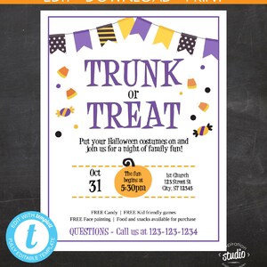 Peut inclure: Une invitation sur le th&egrave;me d'Halloween avec le texte "TRUNK or TREAT" en violet. L'invitation comprend des d&eacute;tails sur l'&eacute;v&eacute;nement, tels que la date, l'heure et le lieu, ainsi que des d&eacute;corations de bonbons et des banni&egrave;res.