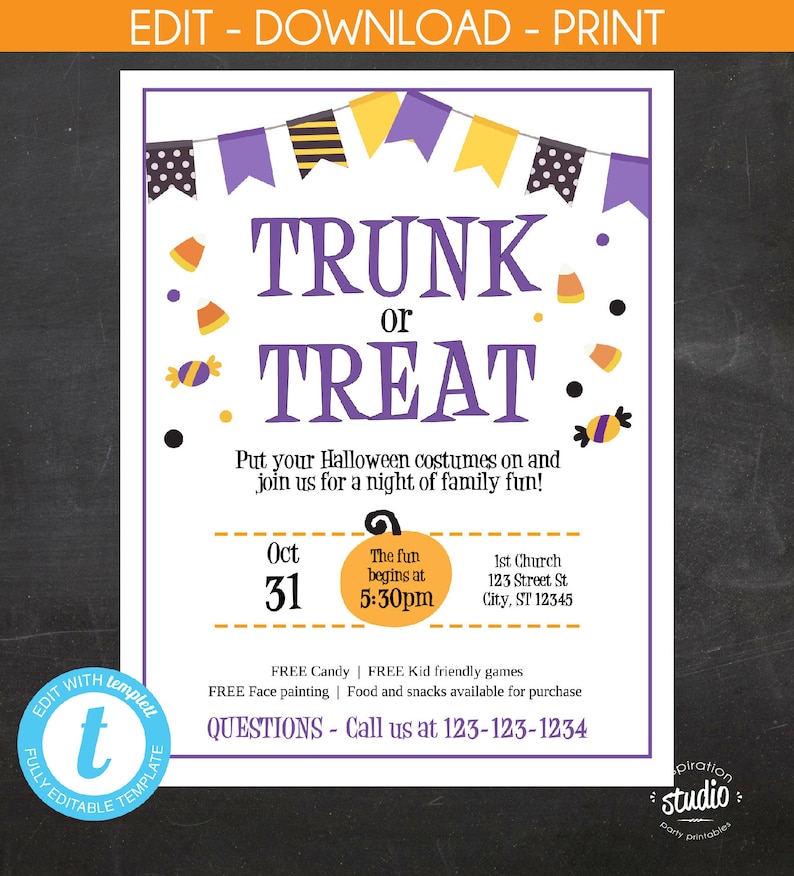 Peut inclure: Une invitation sur le th&egrave;me d'Halloween avec le texte "TRUNK or TREAT" en violet. L'invitation comprend des d&eacute;tails sur l'&eacute;v&eacute;nement, tels que la date, l'heure et le lieu, ainsi que des d&eacute;corations de bonbons et des banni&egrave;res.