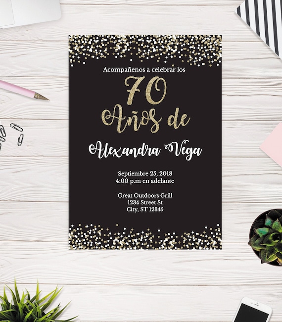 70 Años de, Spanish, 70th Birthday Invitation, Black and gold glitter, Adult Birthday Party, Easy to use Template, Edit yourself Il_570xn