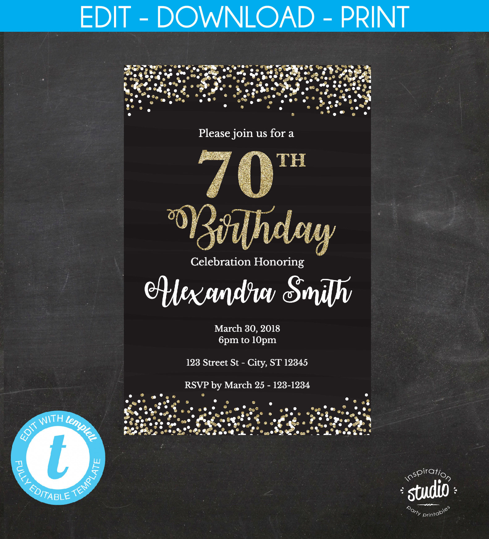 70th Birthday Invitation 70th Birthday Invite Black and gold | Etsy