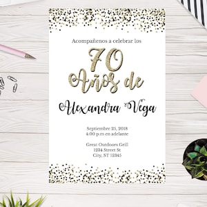 ¡Celebra tus 70 años! Invitación para celebrar tu 70 cumpleaños, con purpurina blanca y dorada, plantilla editable, 2 tamaños, hazla tú mismo