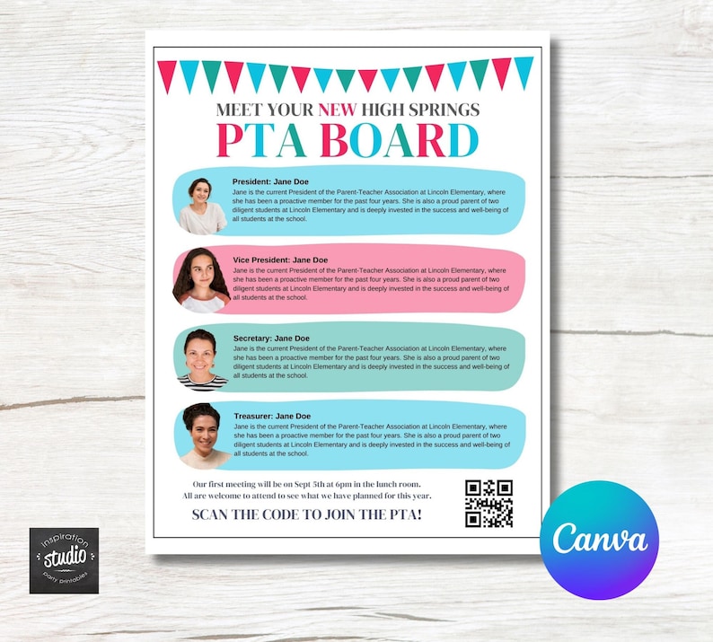 Pta Roles Customizable Meet the PTA Board Flyer | PTO PTSA Board Officer ...