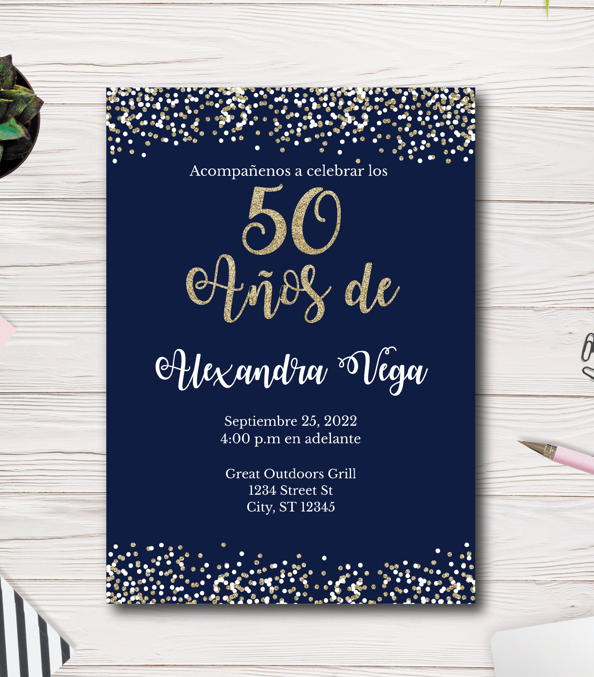 50 Años De, Invitación De Cumpleaños, Spanish, Español, Invitación De La  Fiesta De Cumpleaños Número 50, Easy to Use Template, 50 Birthday 
