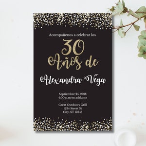 30 anos de, Espanhol | Convite de aniversário de 30 anos | Convite | Brilho preto e dourado | Modelo fácil de editar | Edite você mesmo