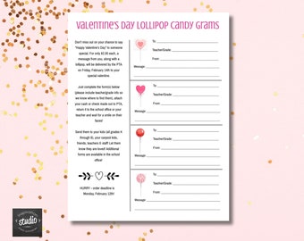 Valentine's Day Lollipop Candy Gram Flyer Template | For Schools, Church, School Clubs | Custom Printable | Easy to use template | color