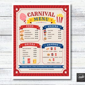 Carnival Menu Template | Editable Circus Food Menu, 8.5x11 and 11x14 (Canva Template)