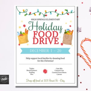 Customizable Holiday Food Drive Event Flyer Template | Designed for School, PTA Charity Events | Christmas Theme