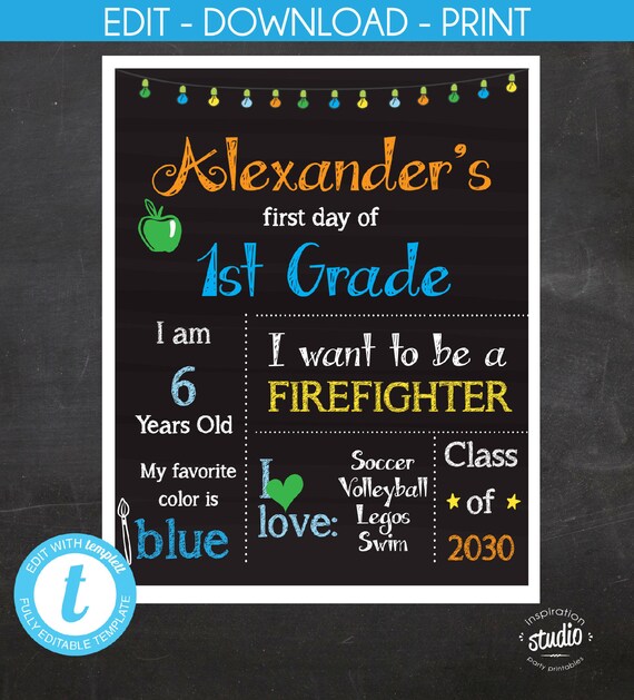 First Day of School, Chalkboard sign, First Day Poster, Back to School Sign, 8x10, 18x24, 16x 20, Printable, Edit yourself, Template, Boy Il_570xn