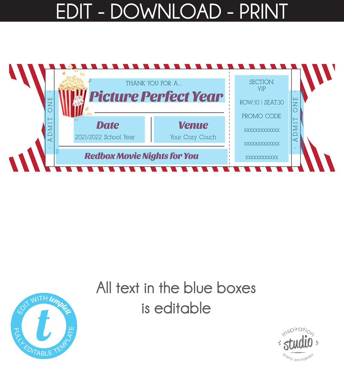 Redbox Movie Ticket Printable Template Teacher Appreciation - Etsy