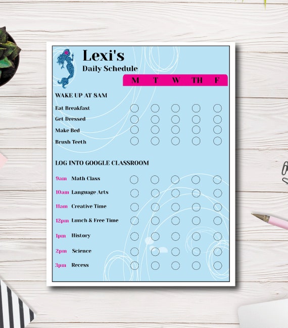 Kids Mermaid Daily School Schedule, Distant Learning Schedule, Home School Schedule, Easy to use template Il_570xn
