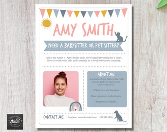 Editable Babysitter and Pet Sitter Flyer Template, Babysitter Services, Pet sitting, Childcare Services, Dog walking, Easy to use template