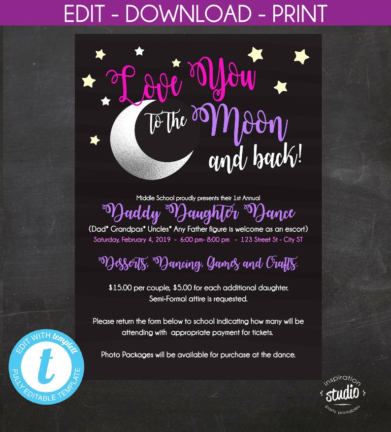 Daddy Daughter Dance Edit yourself Love you to the Moon and back dance FLYER ONLY Father and Daughter Dance