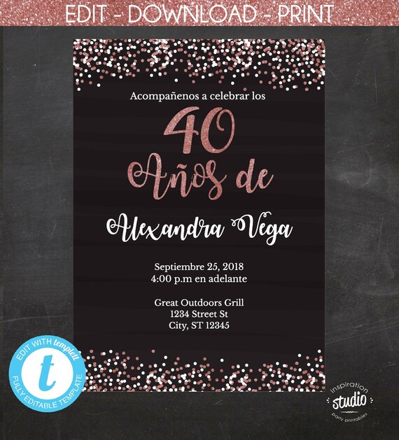 40 Años de, Spanish, 40th Birthday Invitation, Black and pink glitter, Template, 2 size options (5 x 7" & 4 x 6"), Edit yourself Il_570xn